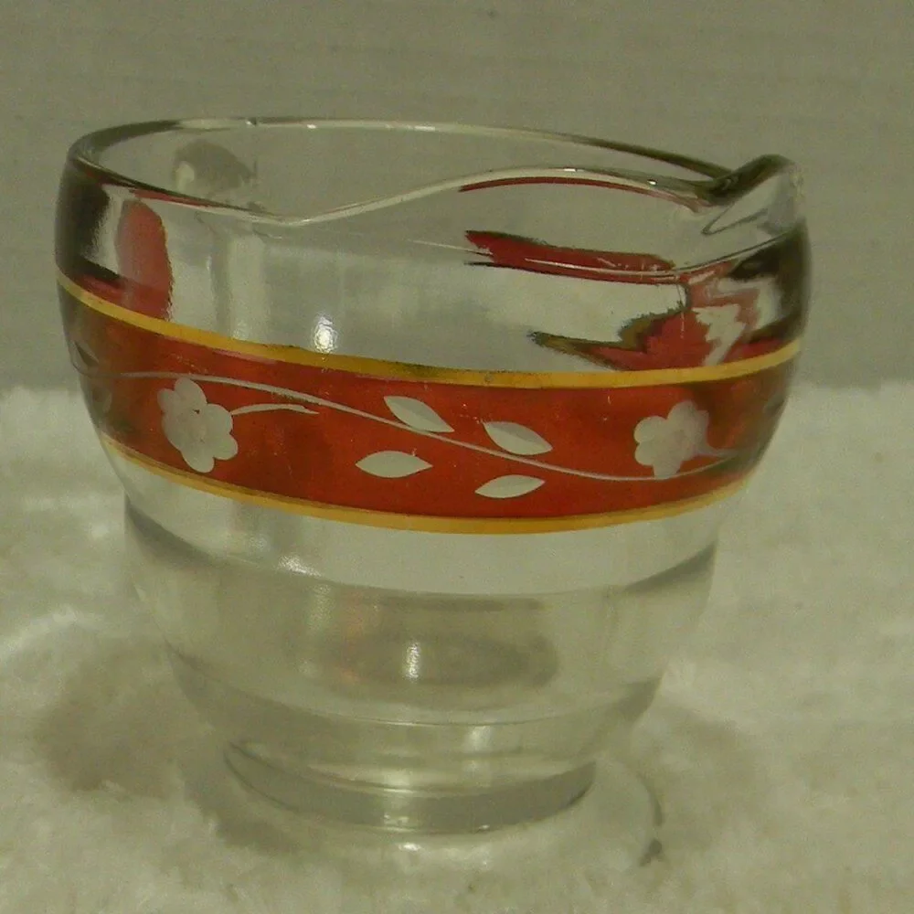 Vintage Bartlett Collins Red Gold Creamer Jar Etched Glass
